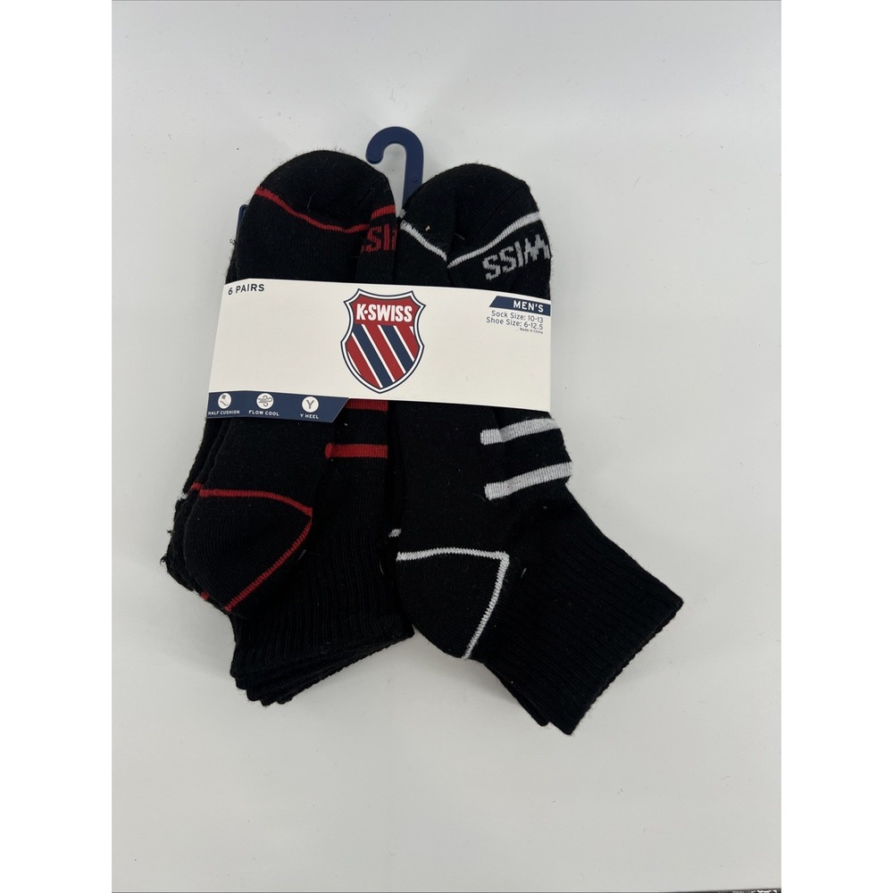 New K-SWISS Size 10-13 Men's Ankle Socks - 6 Pairs Value Pack - Black
